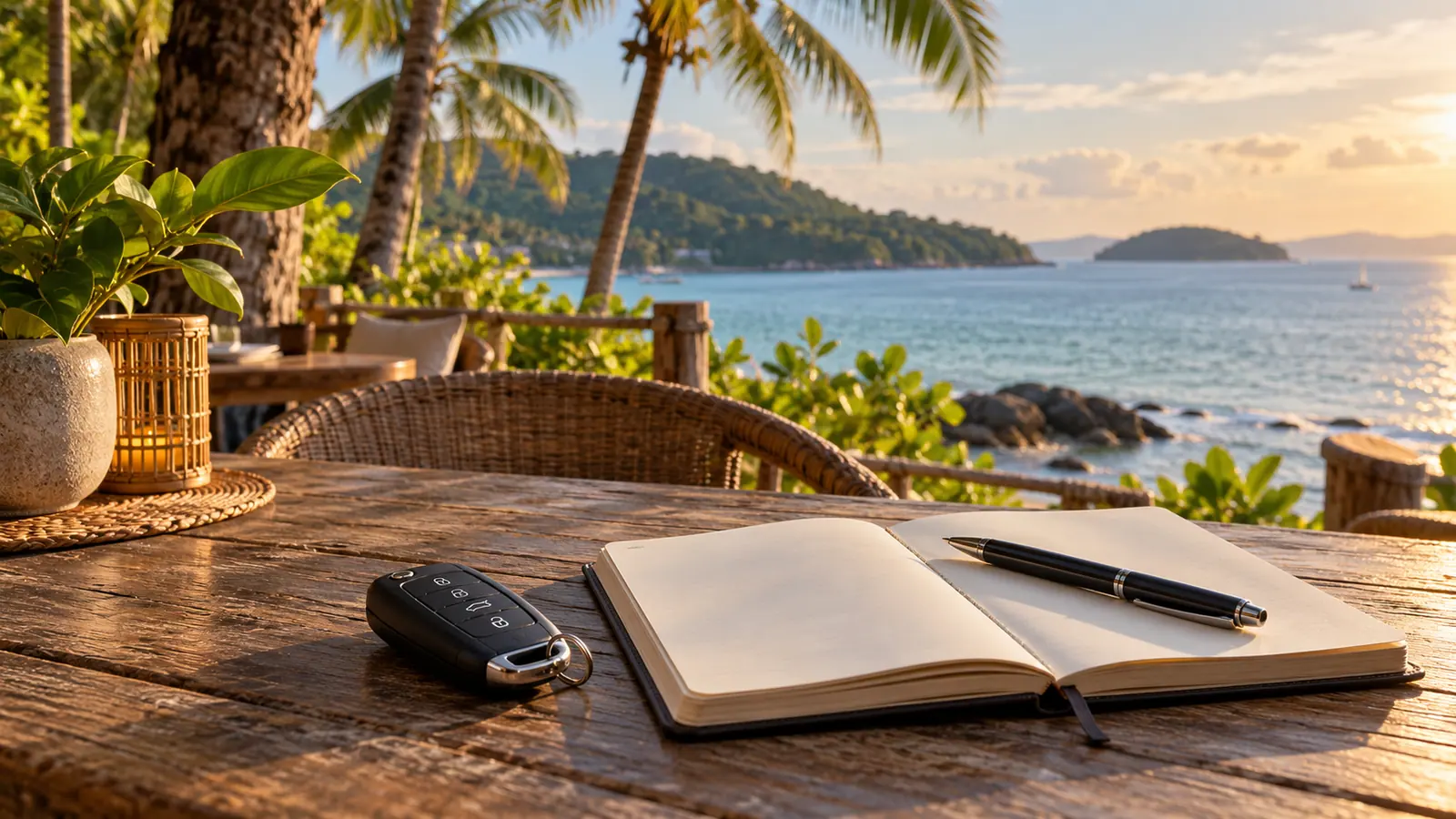 A car key and travel notebook on a table overlooking the Phuket coastline