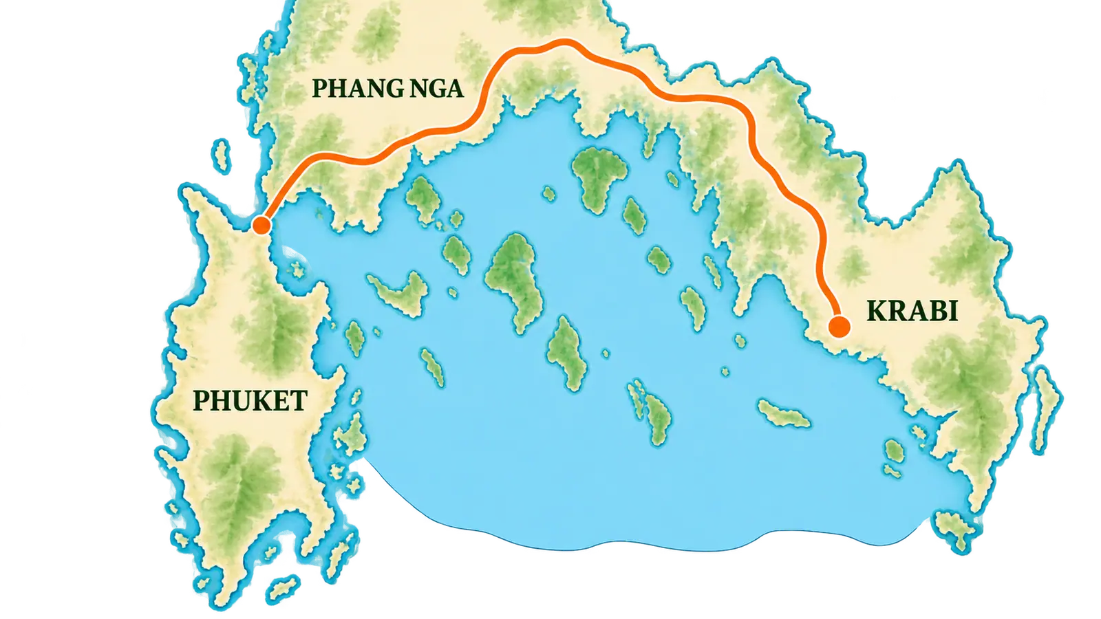 Schematic driving route from Phuket via Phang Nga to Krabi, around the bay