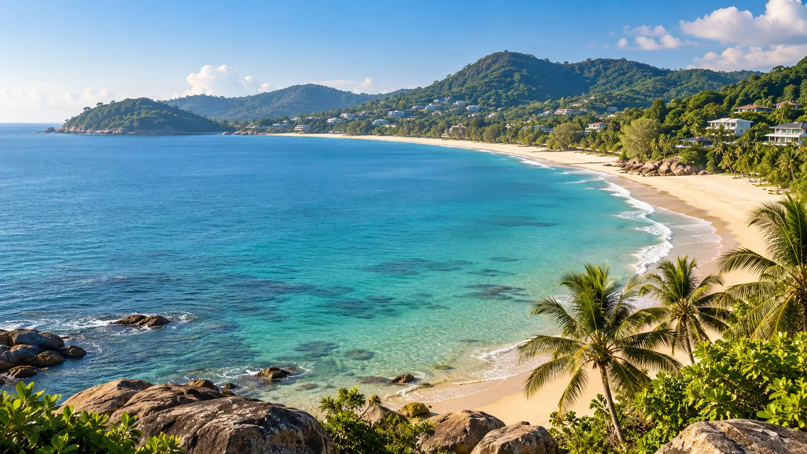 An illustrative tropical Phuket bay with a sandy shore and green hills