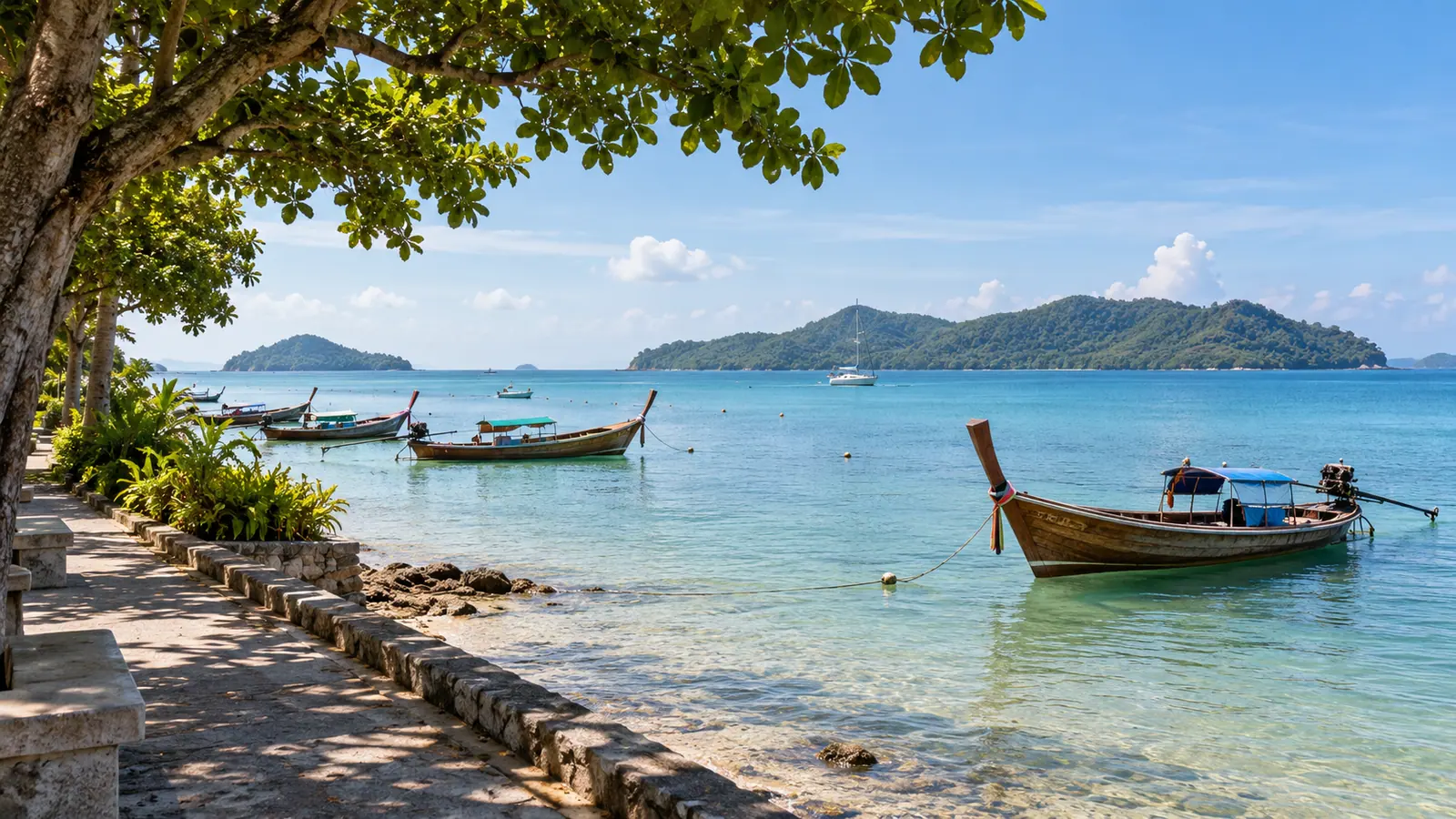 An illustrative southern Phuket waterfront with moored boats